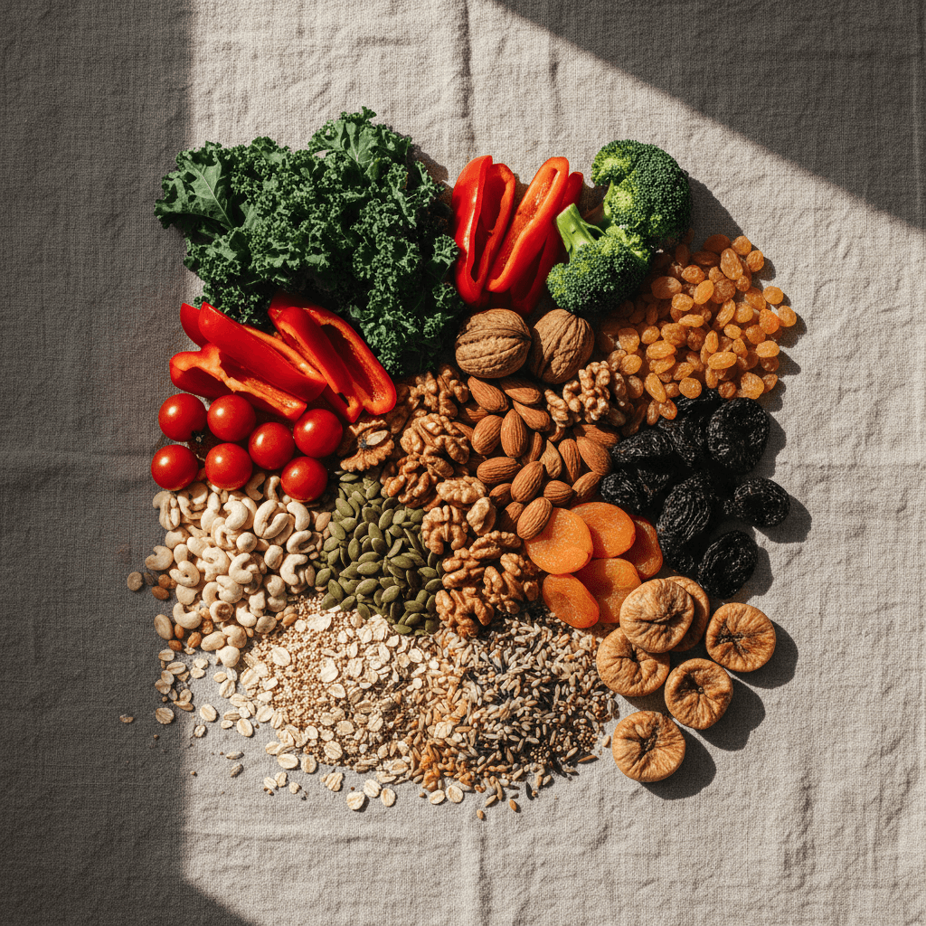 Fresh whole foods and natural ingredients arranged overhead