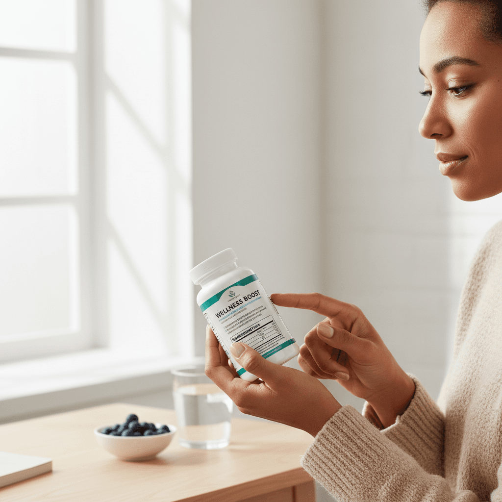 Person reading supplement bottle label with natural daylight
