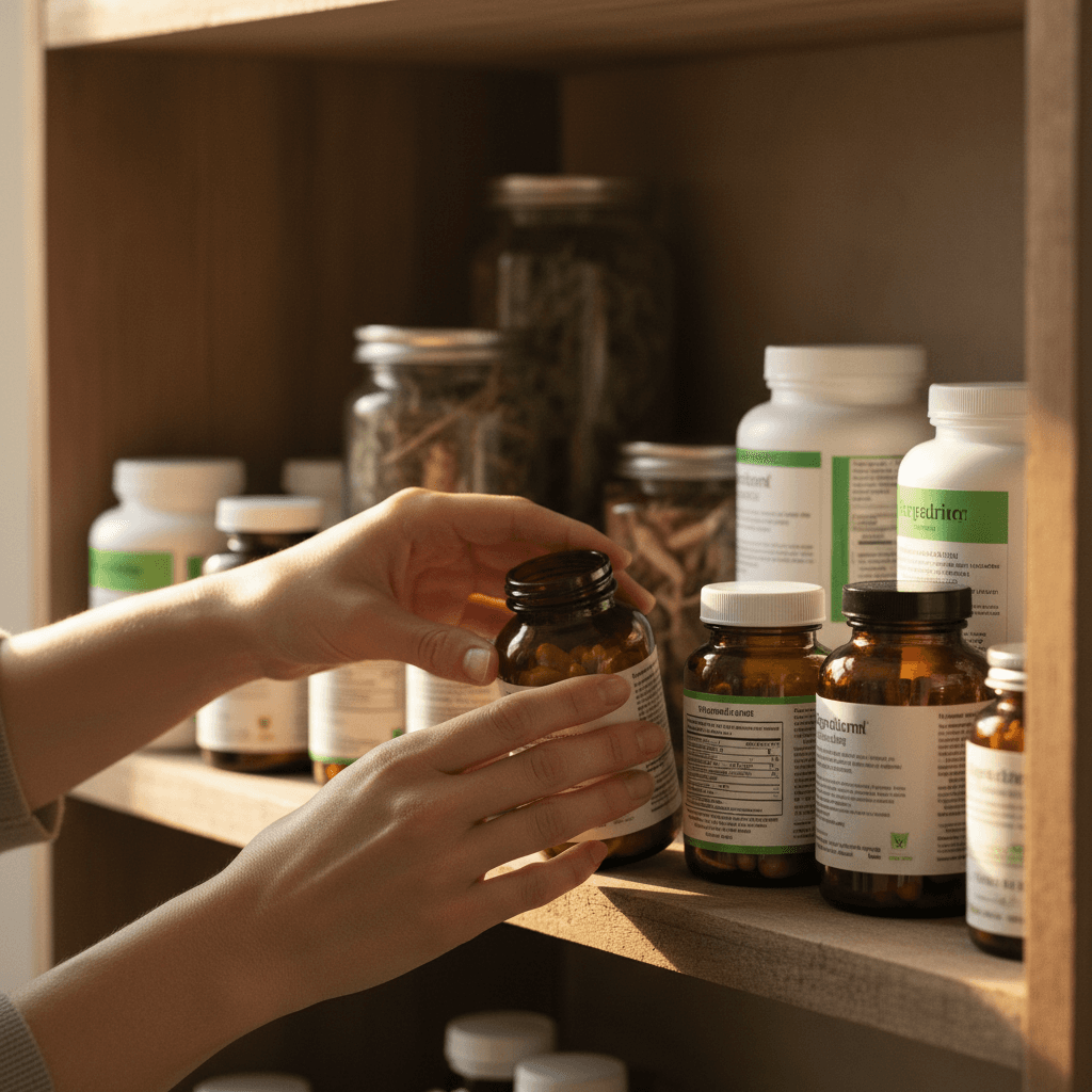 Natural supplement bottles and vitamins on wooden shelf