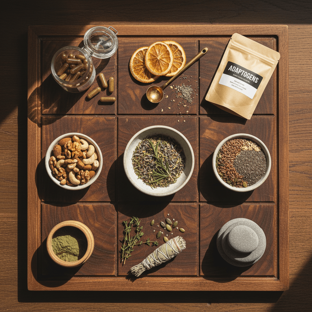 Assorted natural wellness products on wooden board