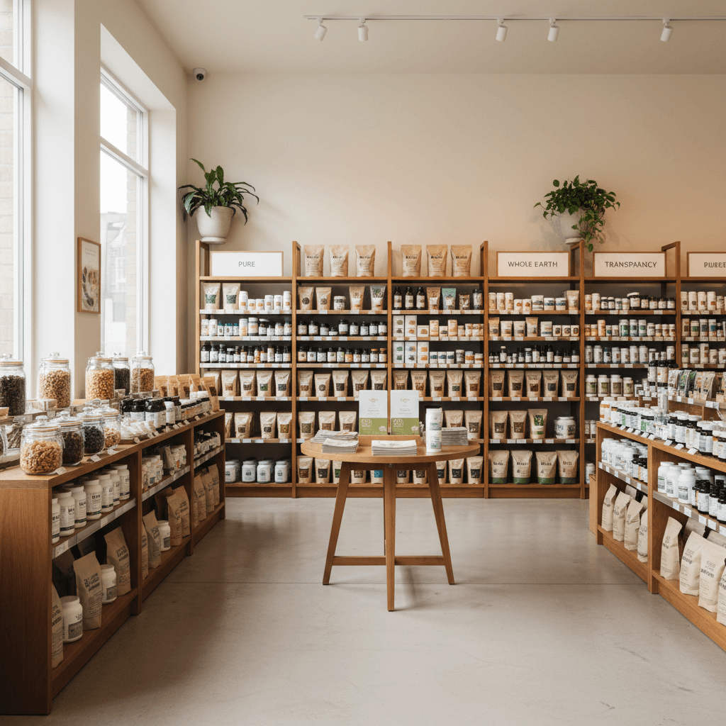 Well-organized Adair Health retail display with natural products