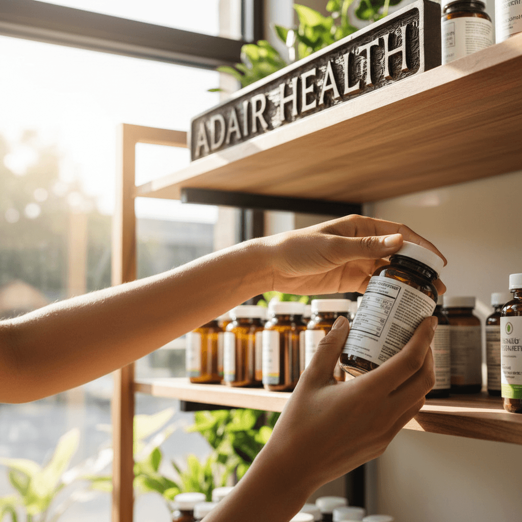 Customer selecting natural supplement from Adair Health shelf