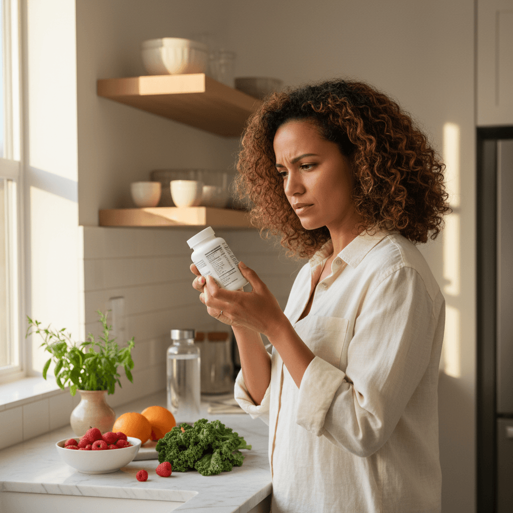 Woman reading supplement label in bright kitchen