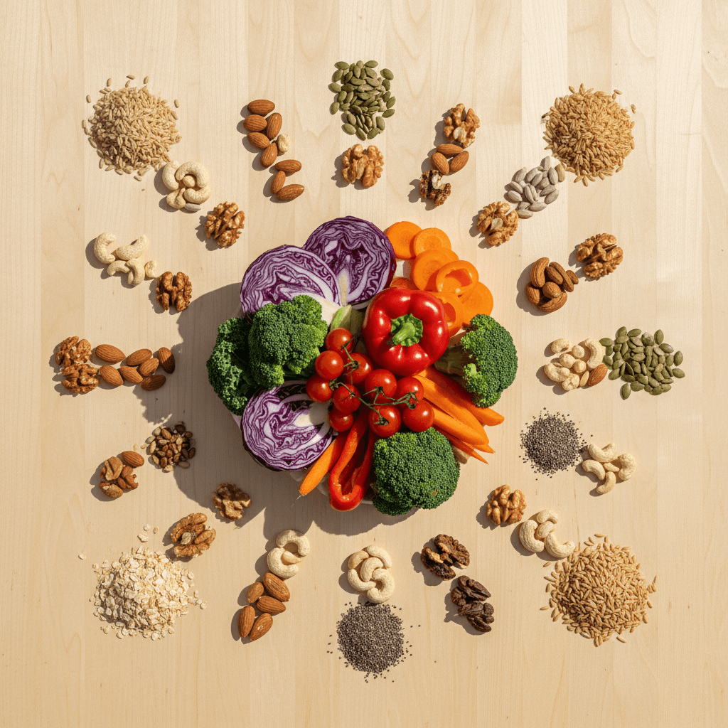Fresh natural foods and ingredients arranged display