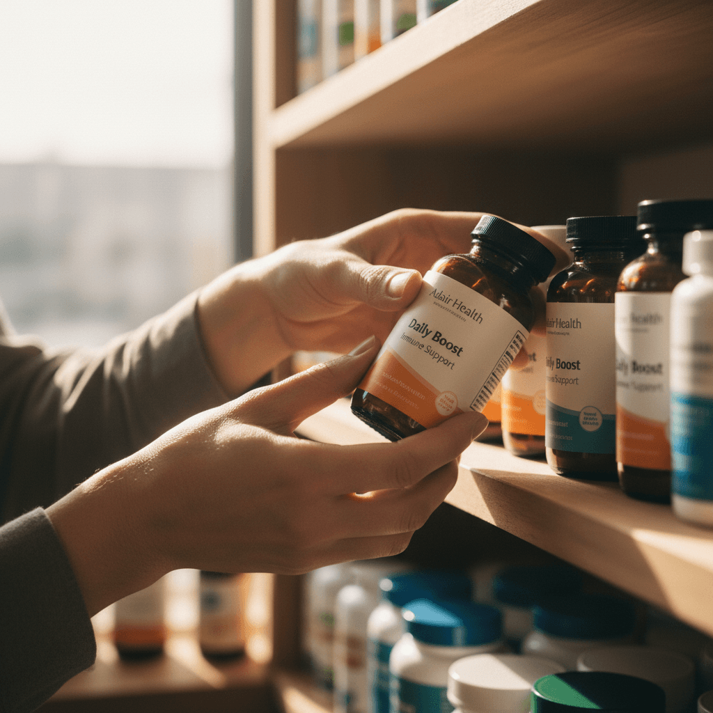 Customer selecting a supplement bottle