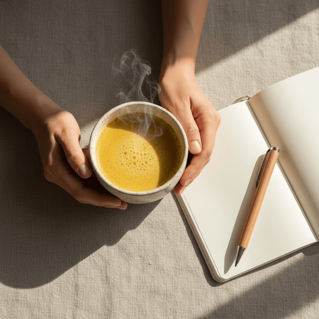 Wellness routine with herbal tea and journal