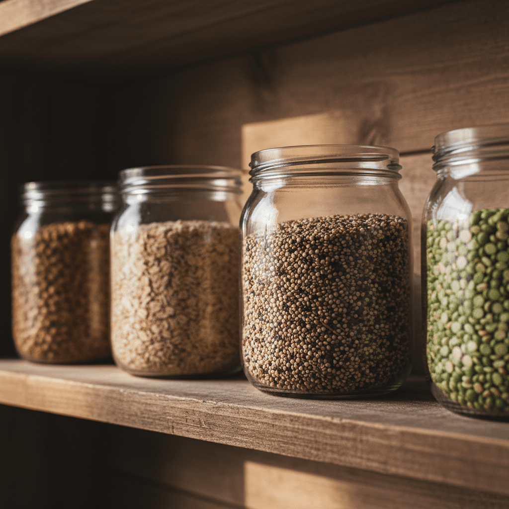 Organic grains and legumes in glass containers