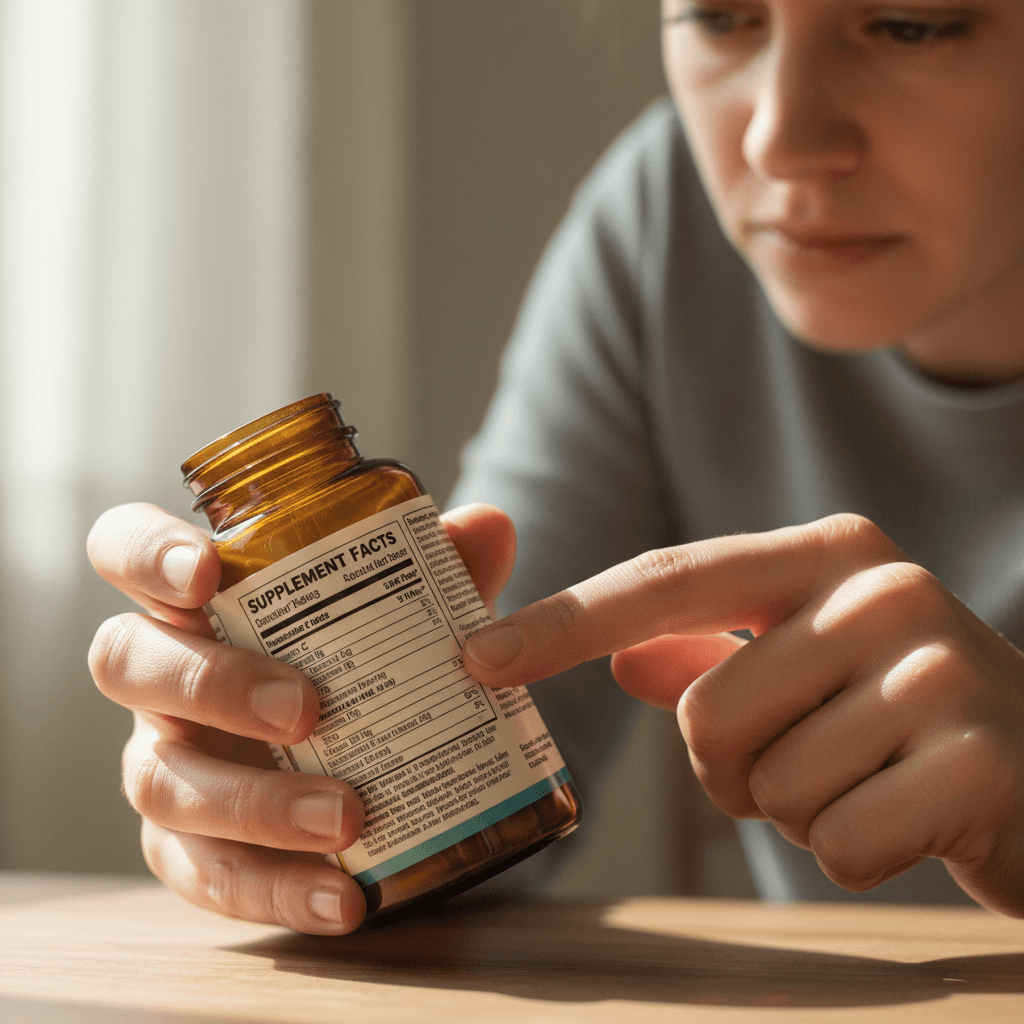 Customer reading supplement label carefully