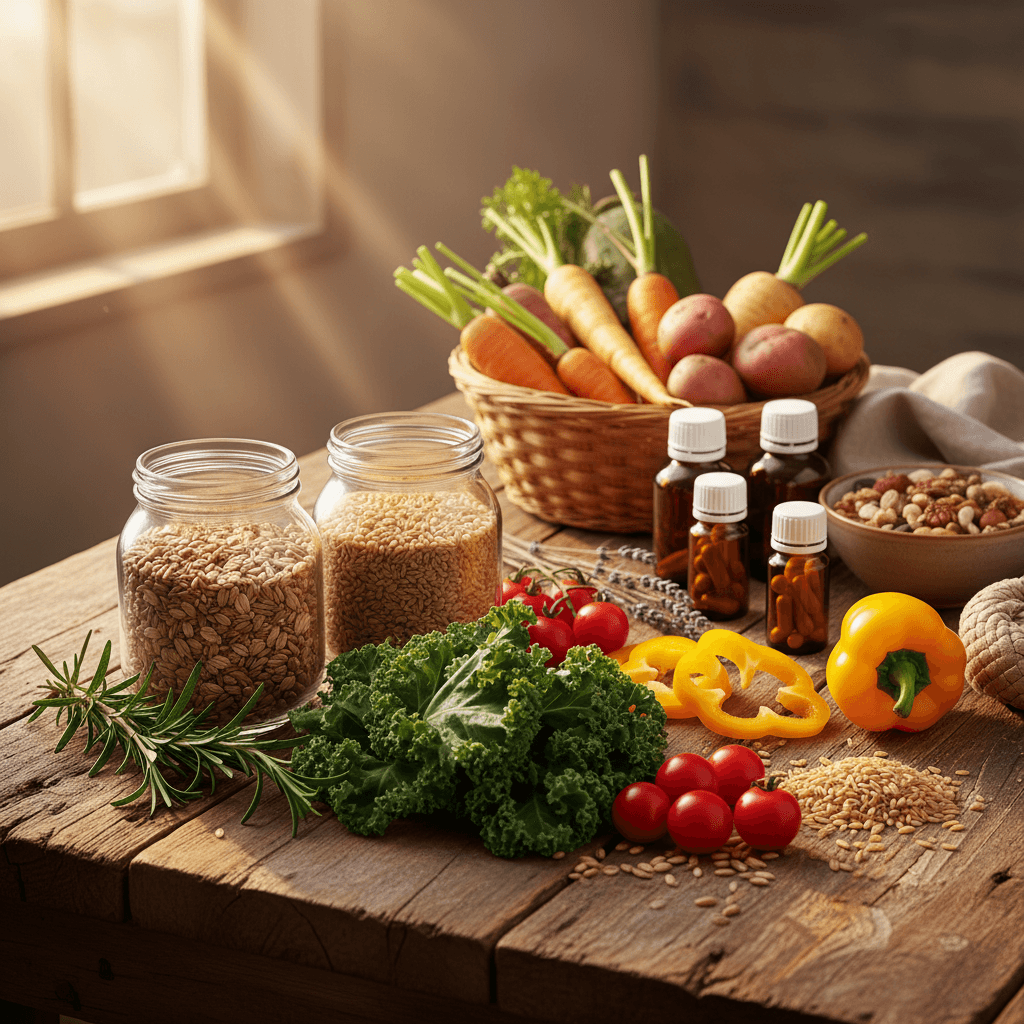 Organic whole foods and natural supplements on rustic wood surface