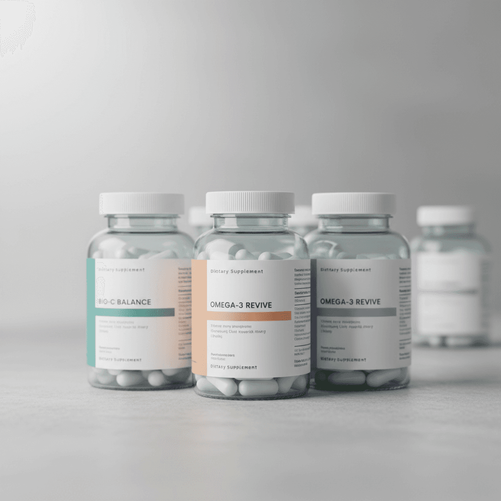 Dietary supplement bottles with transparent labeling